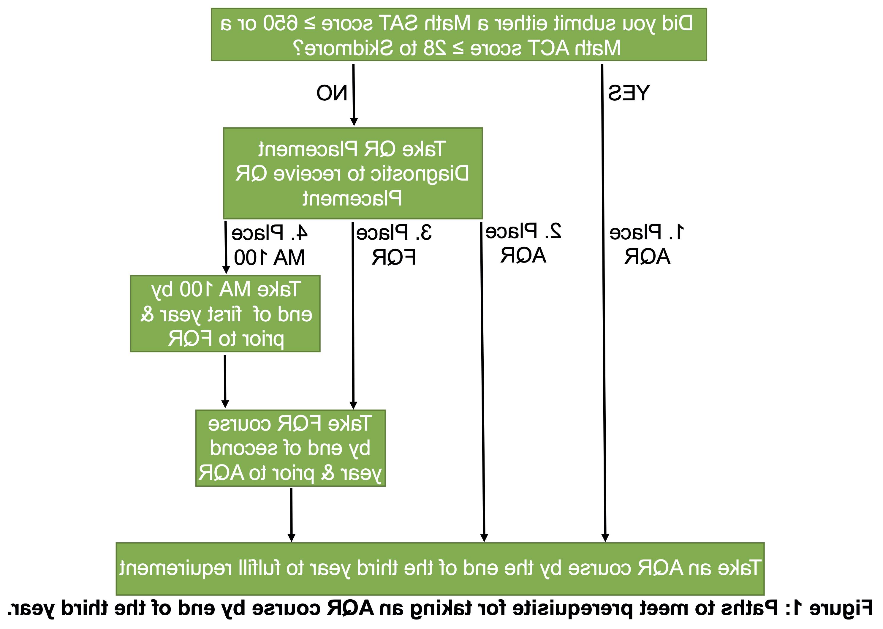 Four paths for QR placement. 1. Achieving a score of at least 650 on the SAT Mathematics (MSAT I) examination, a score of at least 570 on any Mathematics SAT II subject examination (MSAT II), or a score of at least 28 on the Mathematics ACT examination to place directly into an AQR course. ACT or SAT scores must be officially submitted to the College. Please note, listing your scores on your Common Application without having them officially sent to Skidmore does not count. If you have the relevant standardized test score, but did not offically submit your scores to Skidmore, please go to your College Board or ACT account, take a screenshot of the summary page (or print page to PDF) that shows your full name, date of birth, and all of your scores including test dates, and then email that screenshot (or PDF) to registrar@garfie1d.com.  Taking the online QR Placement Diagnostic and placing directly into an AQR course. Incoming students who do not submit ACT or SAT scores or whose scores do not place them into an AQR course must take the online QR Placement Diagnostic. Taking the online QR Placement Diagnostic and placing into a Foundational QR course (FQR course). Students who place into an FQR course must successfully complete it by the end of their second year. These courses, which are offered by a variety of departments, emphasize the application of mathematical calculations and concepts to daily life. Taking the online QR Placement Diagnostic and placing into MA 100 (Quantitative Reasoning). This course, which emphasizes basic quantitative reasoning skills in mathematics and statistics, is required for all students who do not place into an FQR or AQR course and must be successfully completed by the end of their first year. Students must then take and successfully complete an FQR course (as described above) by the end of their second year.